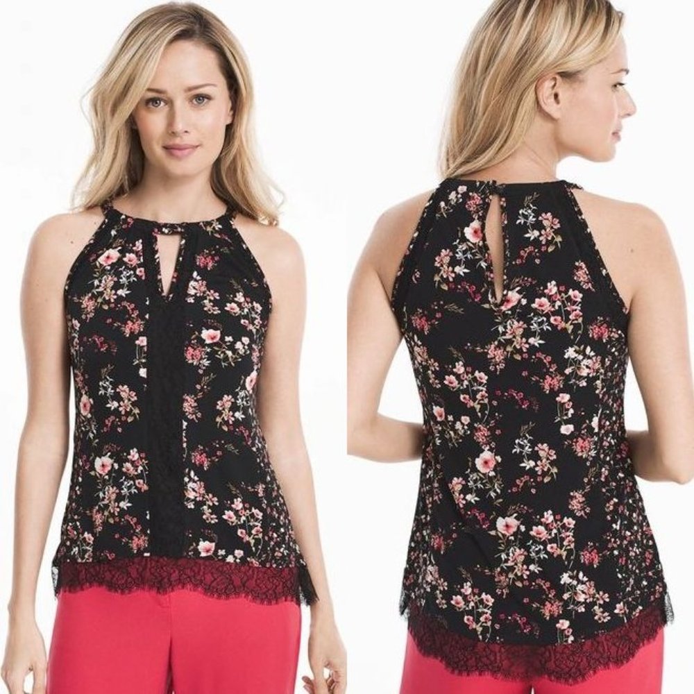 WHBM Black Sleeveless Floral Print Top with Lace
